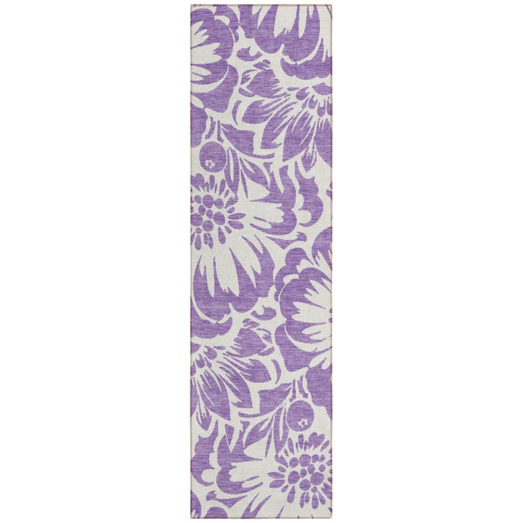 Purple Floral Machine Washable Indoor/Outdoor Runner Rug