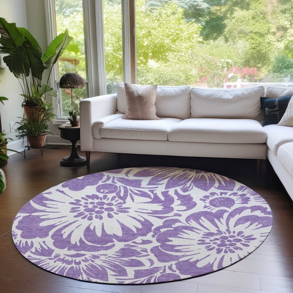 Addison Rugs Chantille Indoor/Outdoor Transitional Floral Purple Washable Round Rug, 8' x 8'