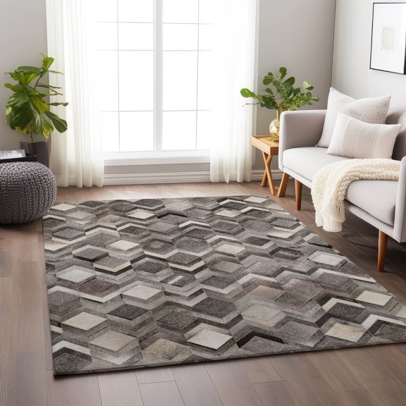 Addison Rugs Mayfield Washable Cowhide Herringbone Gray Rectangle Rug, 10' x 14'