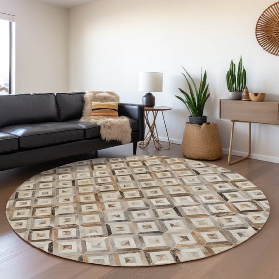 Addison Rugs Mayfield Washable Cowhide Diamonds Gray Round Rug, 8' x 8'