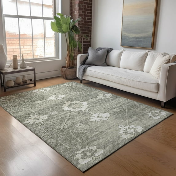 Addison Rugs Mayfield Washable Transitional Open Field,ornate Olive Rectangle Rug, 8' x 10'