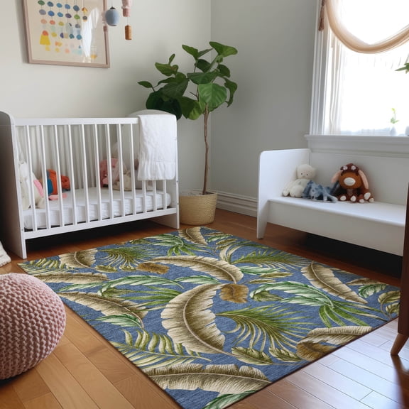 Addison Rugs Mayfield Washable Tropical Leaves Blue Rectangle Rug, 9' x 12'