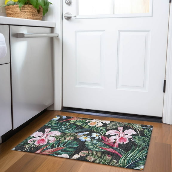 Addison Rugs Mayfield Washable Tropical Floral & Leaves Midnight Rectangle Rug, 1'8" x 2'6"