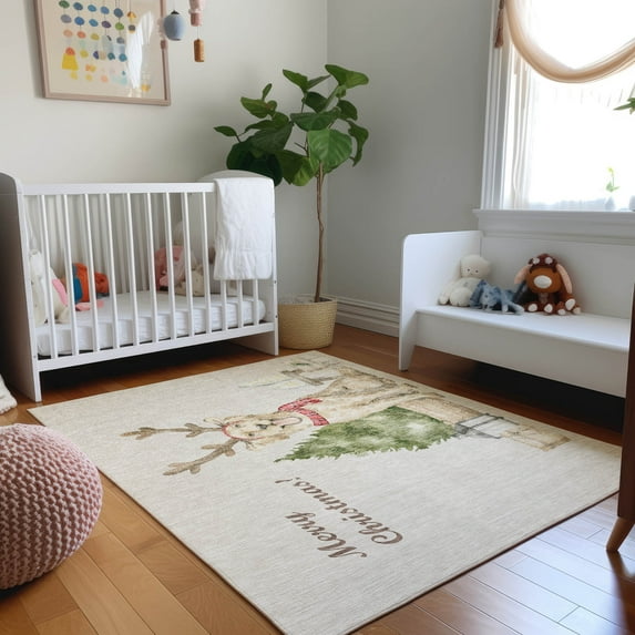 Addison Rugs Mayfield Washable Holiday Dog & Tree Taupe Rectangle Rug, 3' x 5'