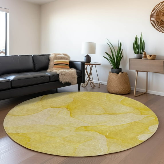 Addison Rugs Mayfield Washable Transitional Watercolors Gold Round Rug, 8' x 8'