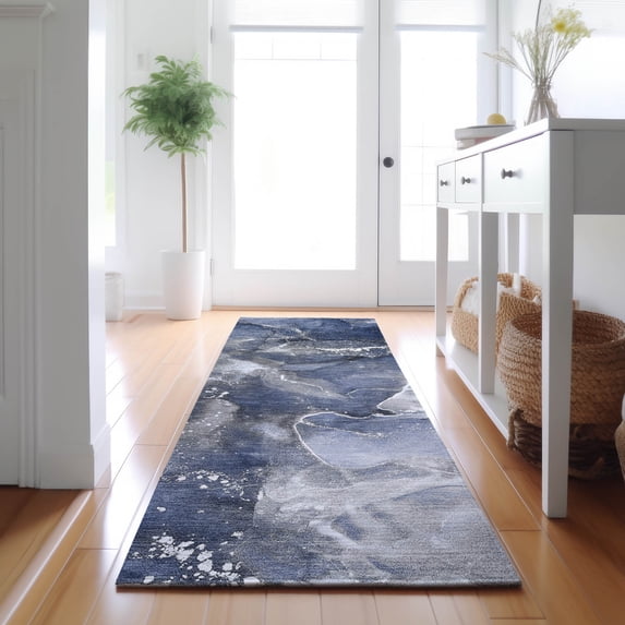 Addison Rugs Mayfield Washable Transitional Watercolors Navy Runner Rug, 2'3" x 7'6"