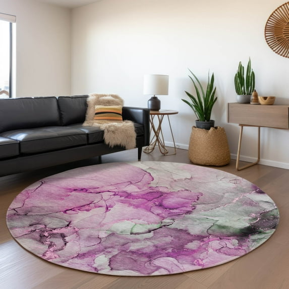 Addison Rugs Mayfield Washable Transitional Watercolors Pink Round Rug, 8' x 8'