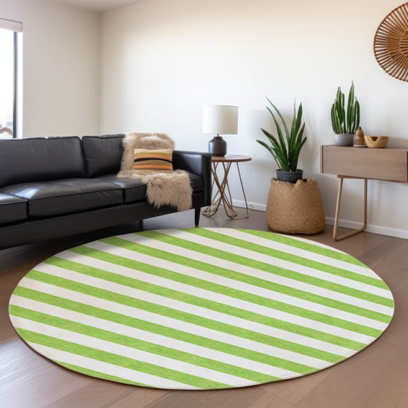 Addison Rugs Mayfield Washable Transitional Stripes Lime Round Rug, 8' x 8'