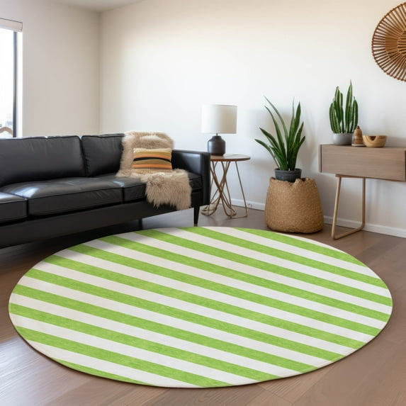 Addison Rugs Mayfield Washable Transitional Stripes Lime Round Rug, 8' x 8'