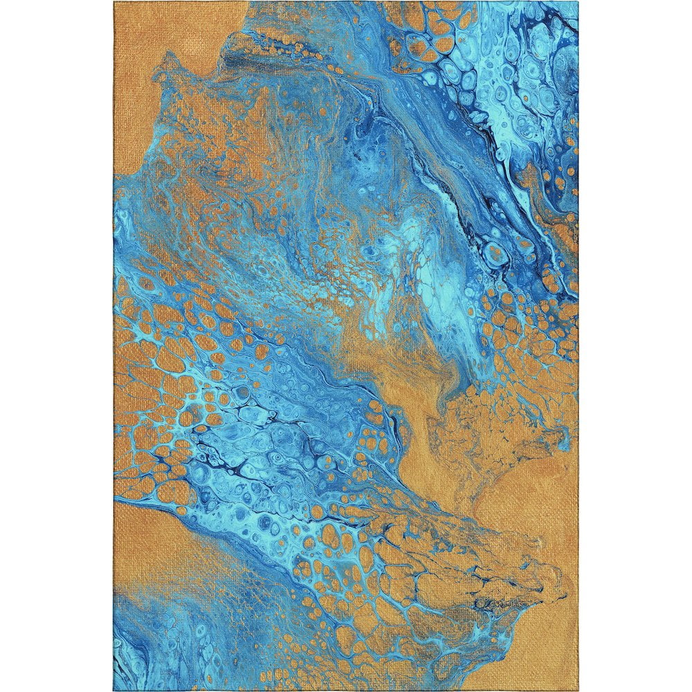 Premium Blue and Gold Abstract Machine Washable Synthetic Rug