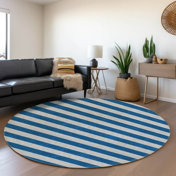 Addison Rugs Mayfield Washable Transitional Stripes Blue Round Rug, 8' x 8'