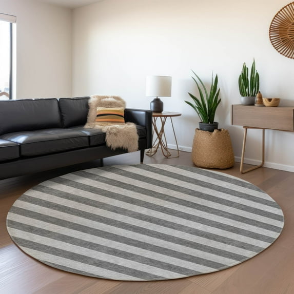 Addison Rugs Mayfield Washable Transitional Stripes Granite Round Rug, 8' x 8'