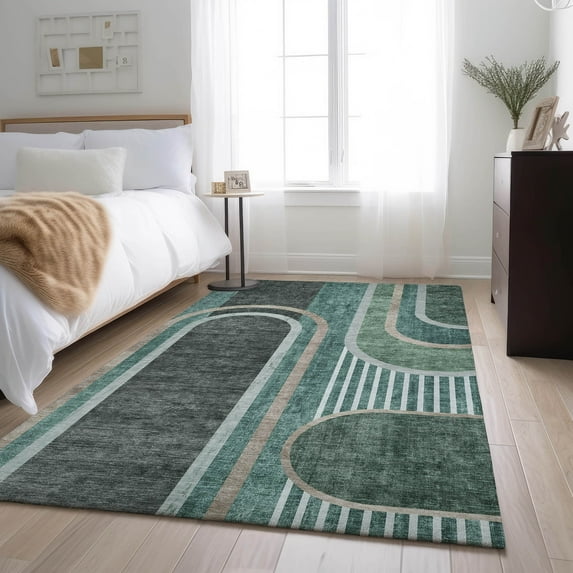 Addison Rugs Mayfield Washable Transitional Art Deco Emerald Rectangle Rug, 5' x 7'6"