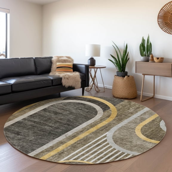 Addison Rugs Mayfield Washable Transitional Art Deco Taupe Round Rug, 8' x 8'