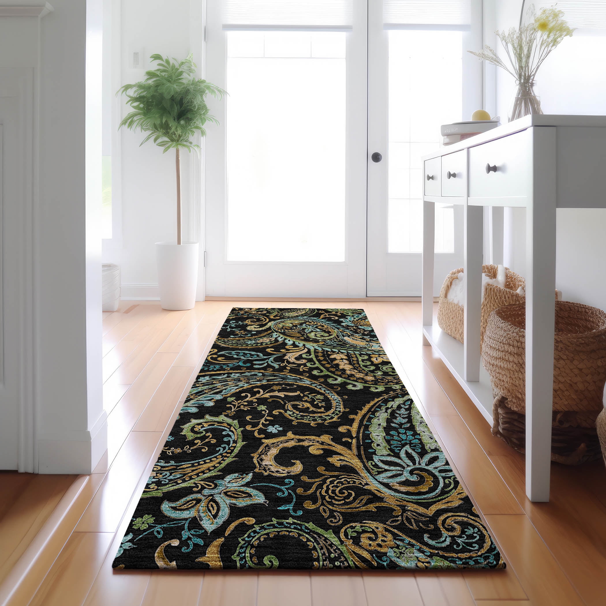 Black and Multicolor Washable Synthetic Runner Rug