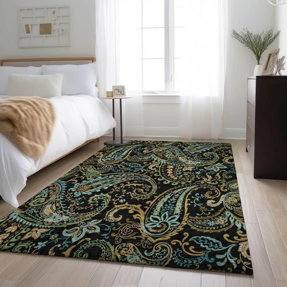 Addison Rugs Mayfield Washable Transitional Paisley Black Rectangle Rug, 5' x 7'6"