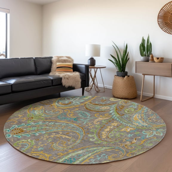Addison Rugs Mayfield Washable Transitional Paisley Taupe Round Rug, 8' x 8'