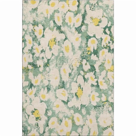 HomeRoots 648162 5 x 8 ft. Green Yellow & Ivory Floral Washable Machine Made Rectangle Area Rug with UV Protection