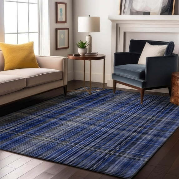 Addison Rugs Mayfield Washable Transitional Plaid Navy Rectangle Rug, 5' x 7'6"