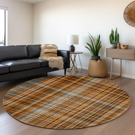 Addison Rugs Mayfield Washable Transitional Plaid Terracotta Round Rug, 8' x 8'