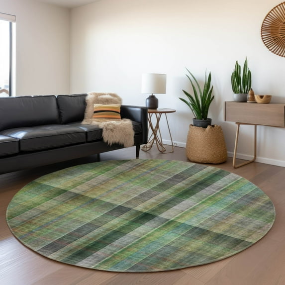Addison Rugs Mayfield Washable Transitional Plaid Green Round Rug, 8' x 8'