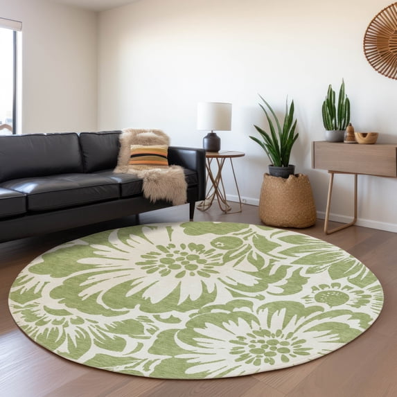 Addison Rugs Mayfield Washable Transitional Floral Aloe Round Rug, 8' x 8'