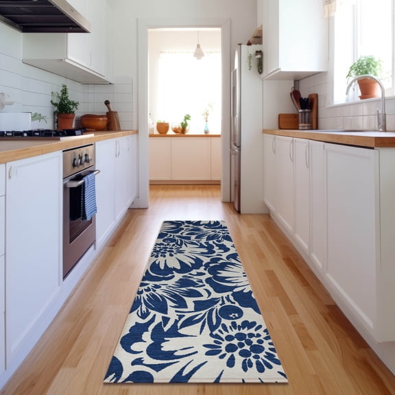 Addison Rugs Mayfield Washable Transitional Floral Navy Runner Rug, 2'3" x 7'6"