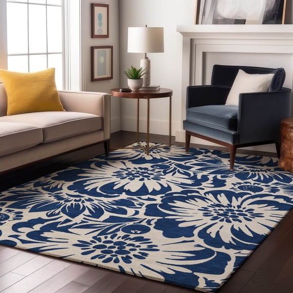 Addison Rugs Mayfield Washable Transitional Floral Navy Rectangle Rug, 5' x 7'6"