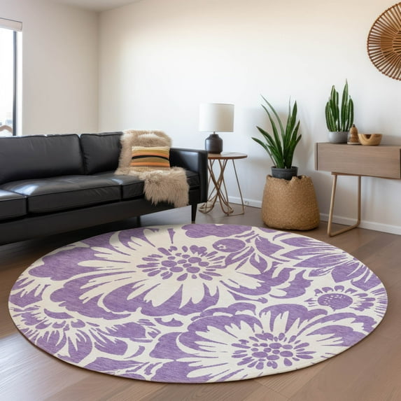 Addison Rugs Mayfield Washable Transitional Floral Purple Round Rug, 8' x 8'