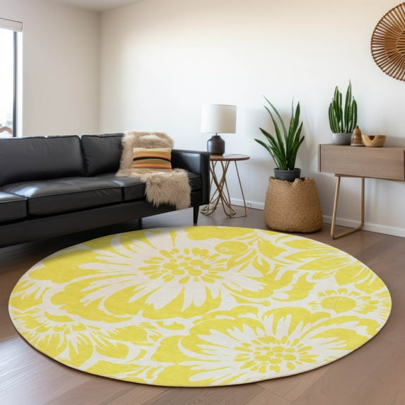 Addison Rugs Mayfield Washable Transitional Floral Yellow Round Rug, 8' x 8'