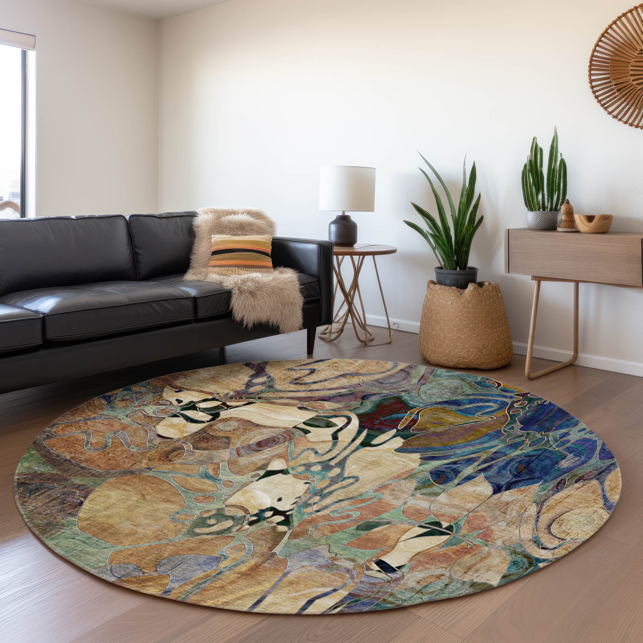 Addison Rugs Mayfield Washable Transitional Floral Beige Round Rug, 8' x 8'