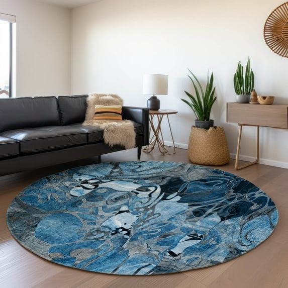 Addison Rugs Mayfield Washable Transitional Floral Blue Round Rug, 8' x 8'