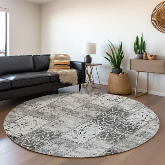 Addison Rugs Mayfield Washable Transitional Panel Gray Round Rug, 8' x 8'