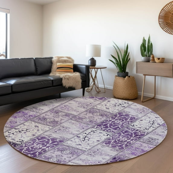 Addison Rugs Mayfield Washable Transitional Panel Purple Round Rug, 8' x 8'
