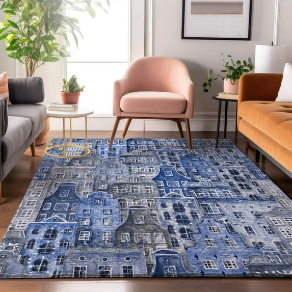 Addison Rugs Mayfield Washable Transitional Novelty Blue Rectangle Rug, 9' x 12'