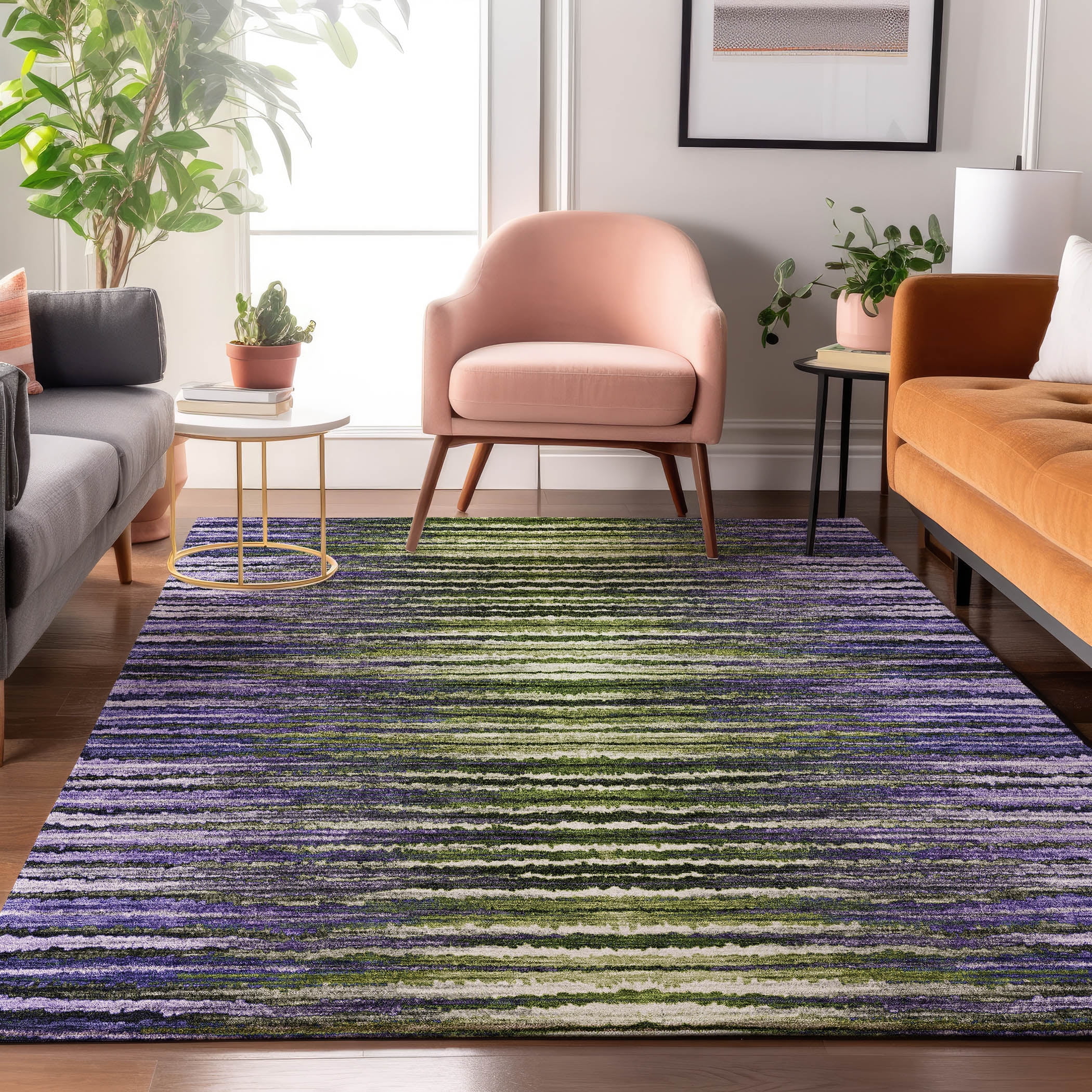 Purple and Green Striped Washable Synthetic Rug, 46" x 30"