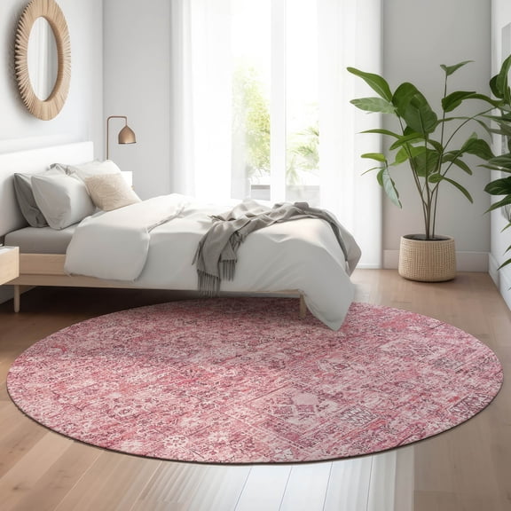 Addison Rugs Mayfield Washable Transitional Panel Pink Round Rug, 8' x 8'