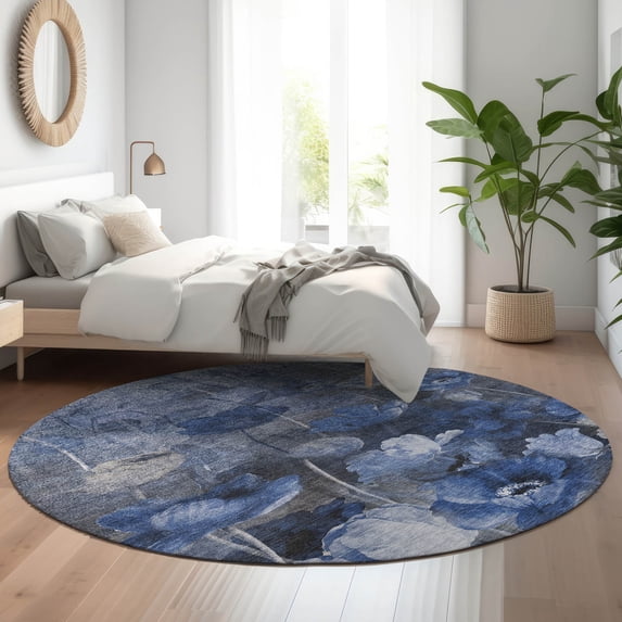 Addison Rugs Mayfield Washable Transitional Floral Blue Round Rug, 8' x 8'