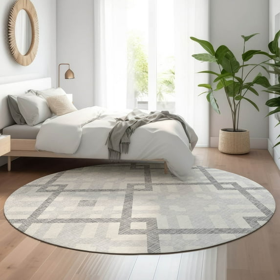 Addison Rugs Mayfield Washable Transitional Geometric Silver Round Rug, 8' x 8'