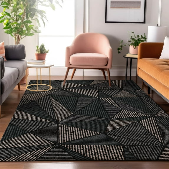 Addison Rugs Mayfield Washable Transitional Geometric Black Rectangle Rug, 10' x 14'