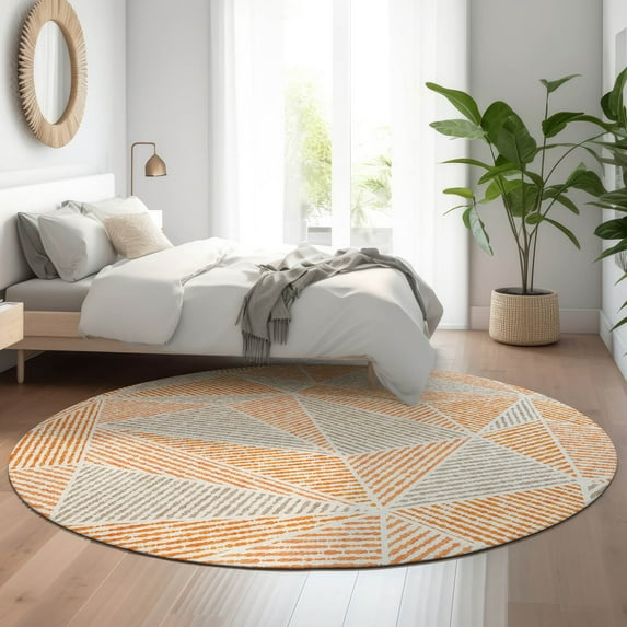 Addison Rugs Mayfield Washable Transitional Geometric Orange Round Rug, 8' x 8'