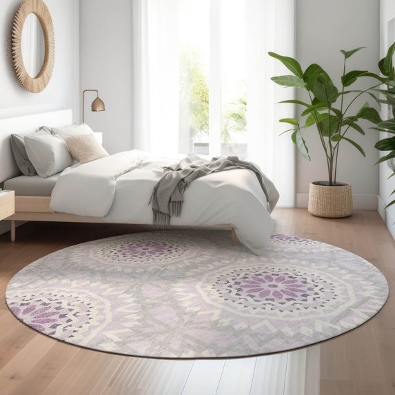 Addison Rugs Mayfield Washable Transitional Circles Lilac Round Rug, 8' x 8'