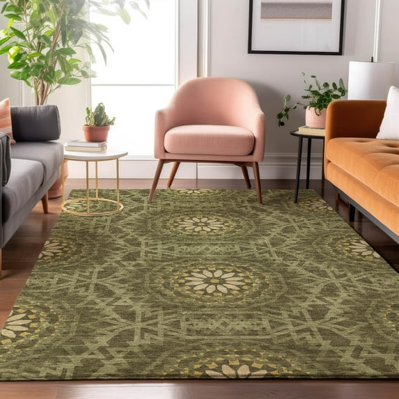 Addison Rugs Mayfield Washable Transitional Circles Olive Rectangle Rug, 10' x 14'