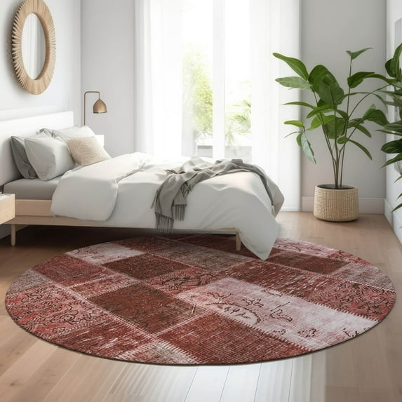 Addison Rugs Mayfield Washable Traditional Patchwork Burgundy Round Rug, 8' x 8'