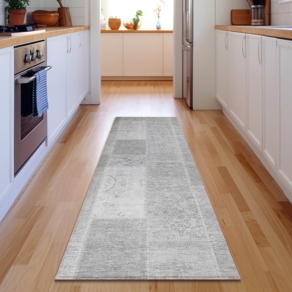 Addison Rugs Mayfield Washable Traditional Patchwork Silver Runner Rug, 2'3" x 7'6"