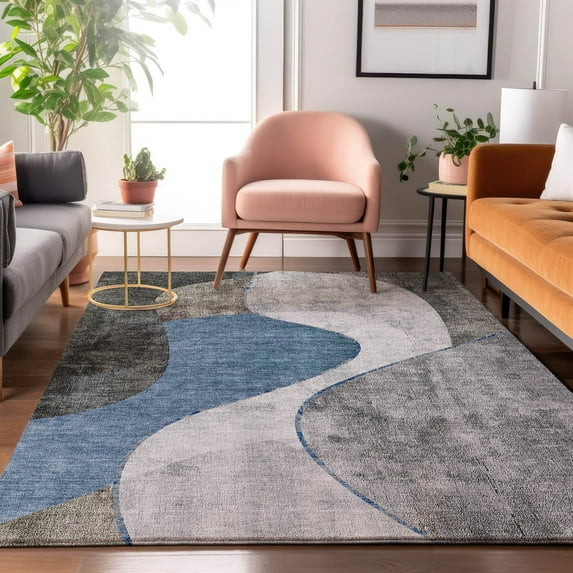 Addison Rugs Mayfield Washable Transitional Art Deco Blue Rectangle Rug, 5' x 7'6"