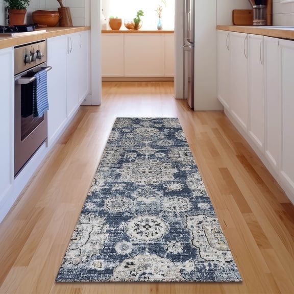 Addison Rugs Mayfield Washable Transitional Floral Navy Runner Rug, 2'3" x 7'6"