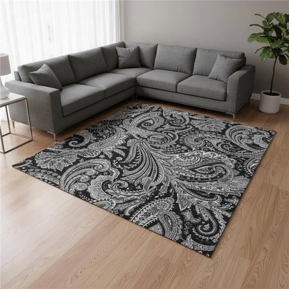 HomeRoots 654637 9 x 12 ft. Black & Ivory Paisley Washable Machine Made Rectangle Area Rug with UV Protection