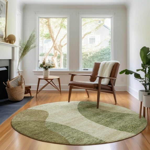 Addison Rugs Mayfield Washable Transitional Art Deco Beige Round Rug, 8' x 8'