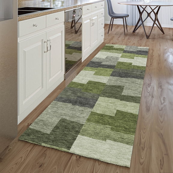 Addison Rugs Mayfield Washable Transitional Geometric Olive Runner Rug, 2'3" x 7'6"